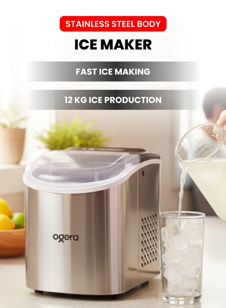 Ogera Countertop Ice Maker 12KG/24H, Portable Ice Machine with Handle, 9 Ice Cubes in 6 Minutes, Self-Cleaning, Stainless Steel Body, Includes Scoop & Basket, Compact Ice Maker for Home Kitchen Office Majlis Party, OG140IM, 2 Year Warranty - Image 1